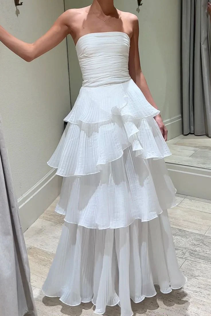 Strapless Tiered Scoop Sleeveless Ruffles White Prom Formal Dress