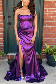 Mermaid Strapless Metallic Pleated Scoop Purple Long Prom Dress with Slit