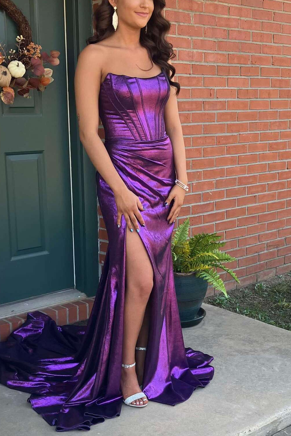 Mermaid Strapless Metallic Pleated Scoop Purple Long Prom Dress with Slit