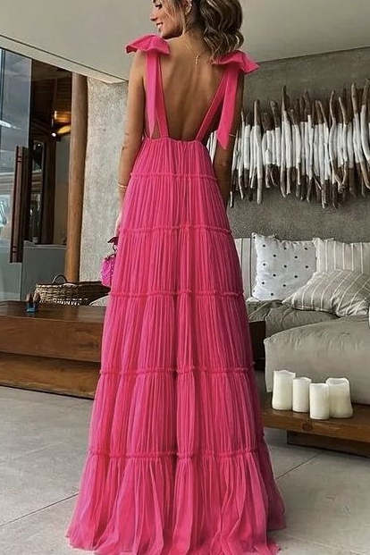 A-Line Straps Deep V-Neck Sleeveless Pleated Long Formal Prom Dress