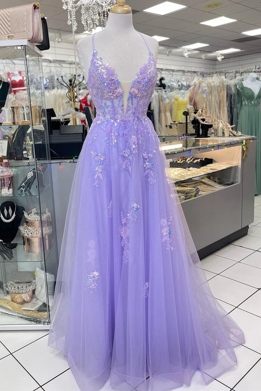 Lavender Spaghetti Straps A-Line Appliques Tulle Long Prom Dress