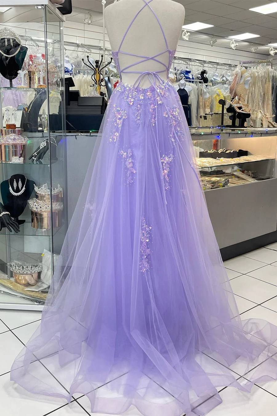 Lavender Spaghetti Straps A-Line Appliques Tulle Long Prom Dress