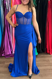 Spaghetti Straps V-Neck Pleats High Slit Mermaid Satin Long Prom Dress