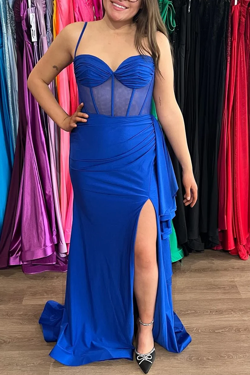 Spaghetti Straps V-Neck Pleats High Slit Mermaid Satin Long Prom Dress