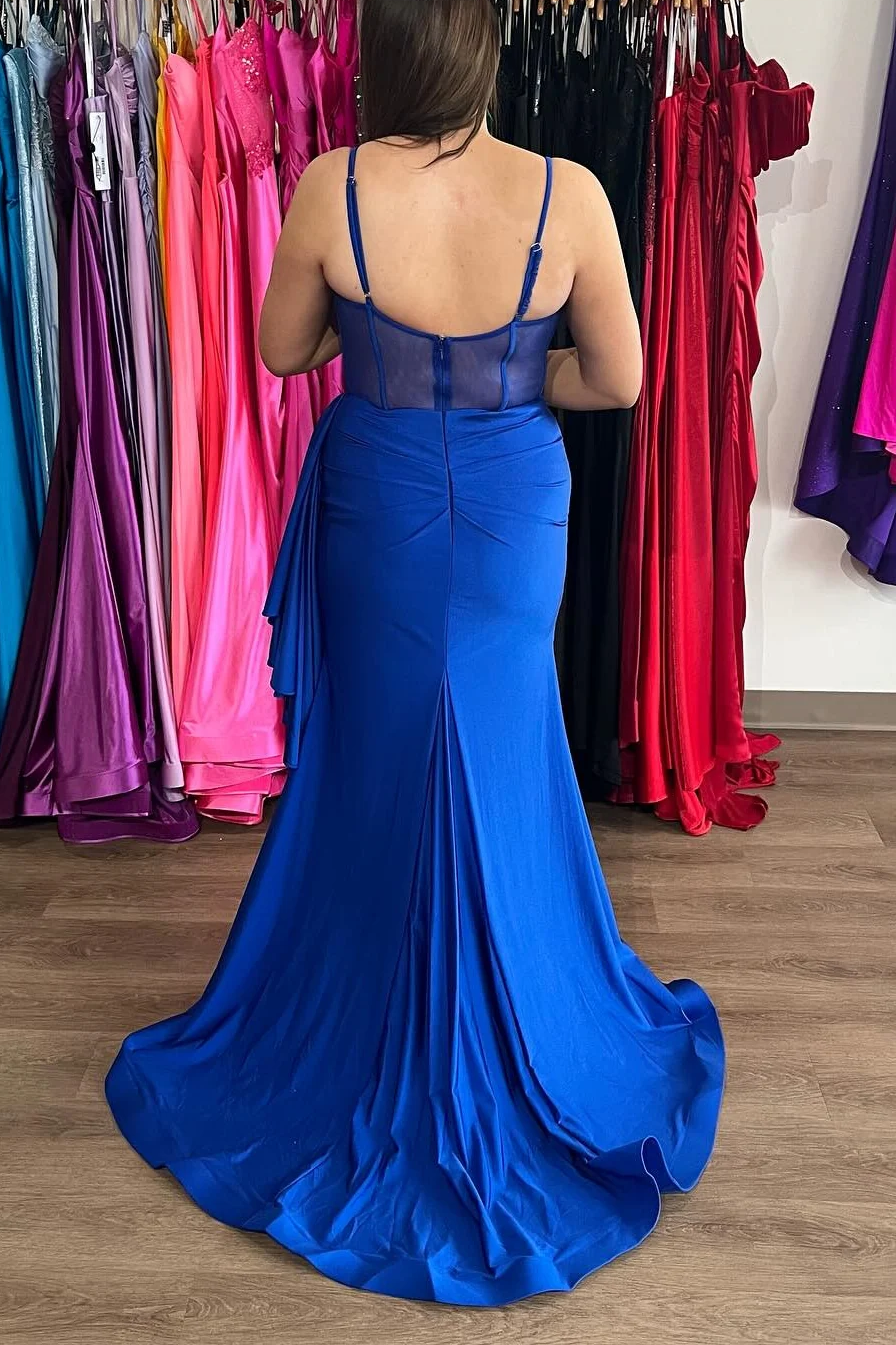 Spaghetti Straps V-Neck Pleats High Slit Mermaid Satin Long Prom Dress