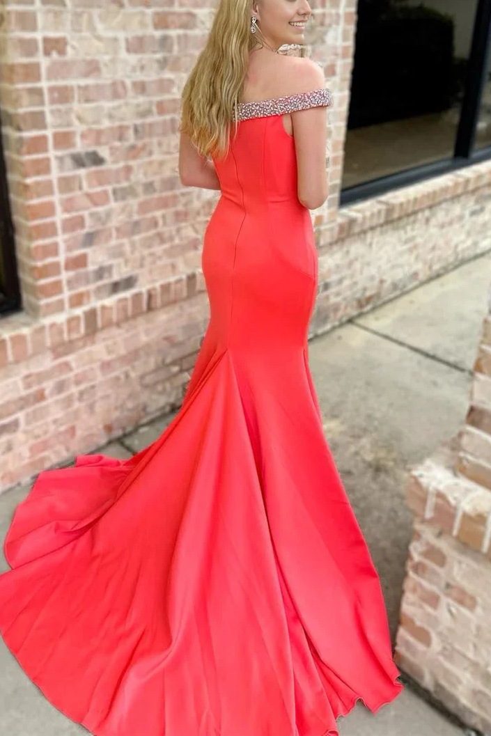 Off-Shoulder Beads Mermaid Pleated Satin Long Prom Formal Dress