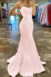 Mermaid Strapless Pleated Satin Sleeveless Long Formal Prom Dress