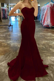 Mermaid Strapless Pleated Satin Sleeveless Long Formal Prom Dress