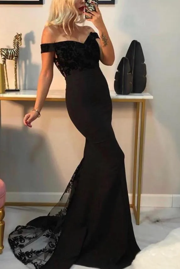 Black Off-Shoulder Appliques Mermaid Long Prom Formal Dress