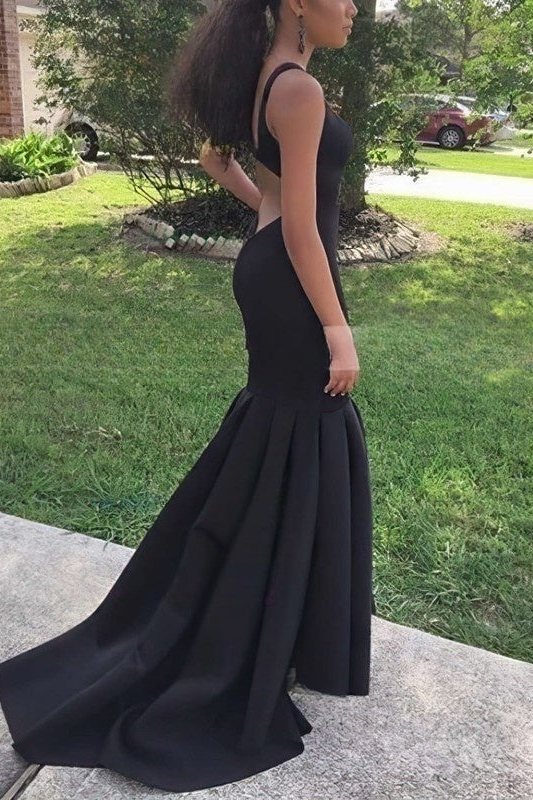 Simple Black Mermaid Straps Satin Long Prom Dress with Train