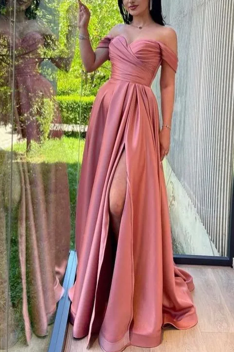 Off-Shoulder A-Line Satin Pleated Long Formal Prom Dress with Slit