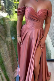 Off-Shoulder A-Line Satin Pleated Long Formal Prom Dress with Slit