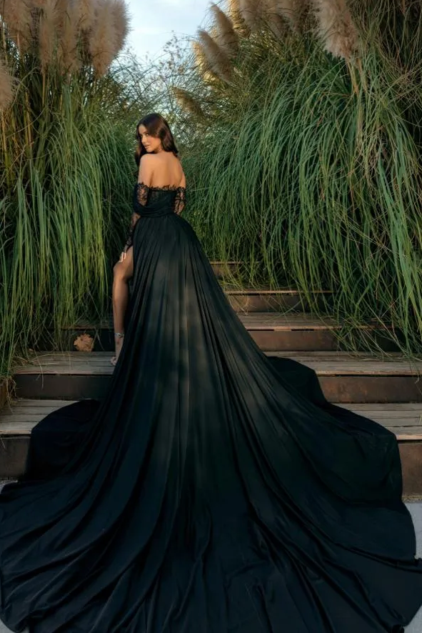 Classy Black Off-Shoulder Appliques A-Line Chiffon Long Formal Prom Dress