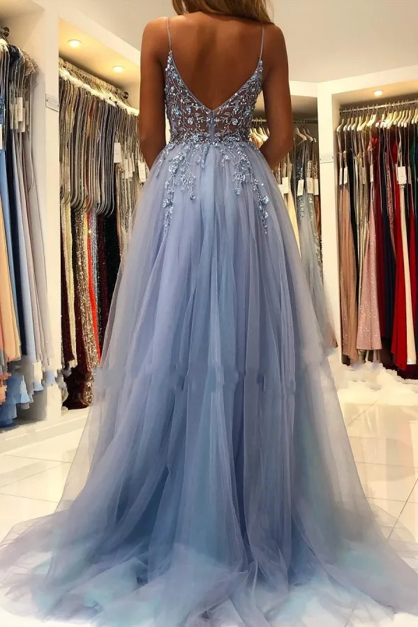 Spaghetti Straps A-Line Appliques Empire-Waist Tulle Prom Dress with Slit