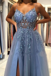 Spaghetti Straps A-Line Appliques Empire-Waist Tulle Prom Dress with Slit