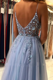 Spaghetti Straps A-Line Appliques Empire-Waist Tulle Prom Dress with Slit