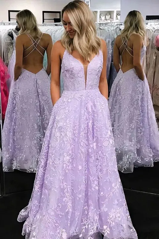 Lilac Spaghetti Straps V-Neck Appliques Long Prom Dress with Pockets