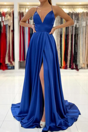 Satin Spaghetti Straps A-Line V-Neck Pleated Long Prom Dress with Slit