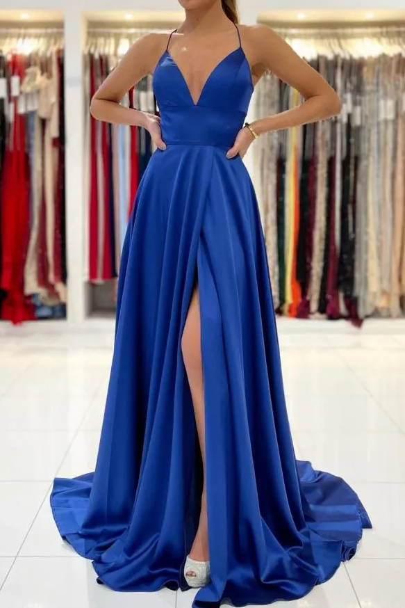 Satin Spaghetti Straps A-Line V-Neck Pleated Long Prom Dress with Slit