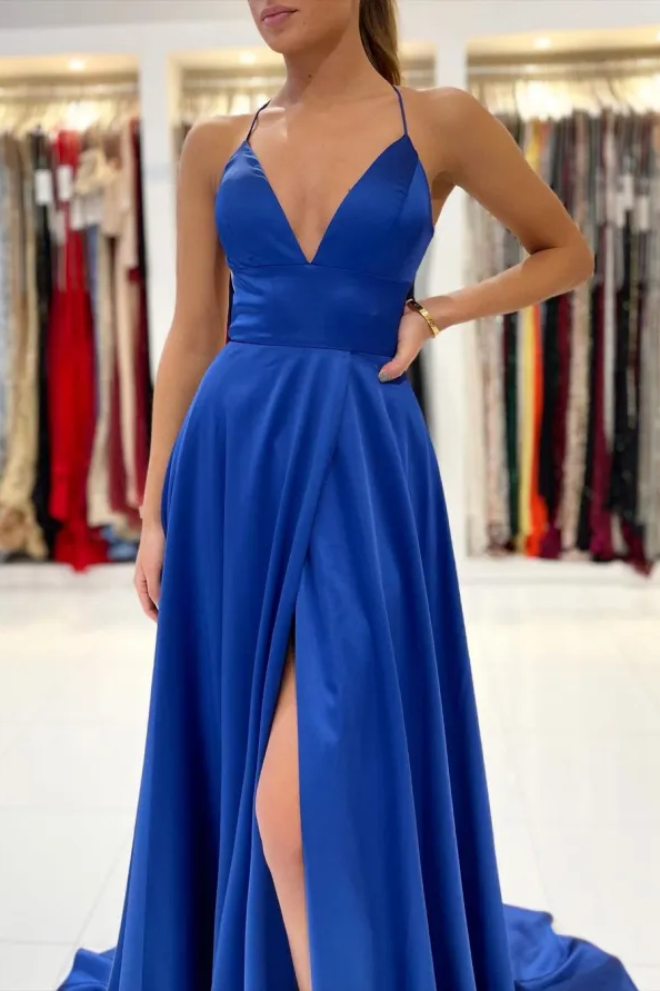 Satin Spaghetti Straps A-Line V-Neck Pleated Long Prom Dress with Slit