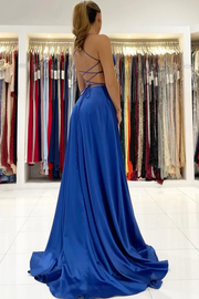 Satin Spaghetti Straps A-Line V-Neck Pleated Long Prom Dress with Slit