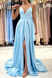 Satin Spaghetti Straps A-Line V-Neck Pleated Long Prom Dress with Slit