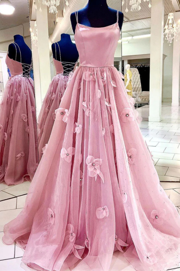 Pink Spaghetti Straps A-Line 3D Floral Tulle Long Formal Prom Dress