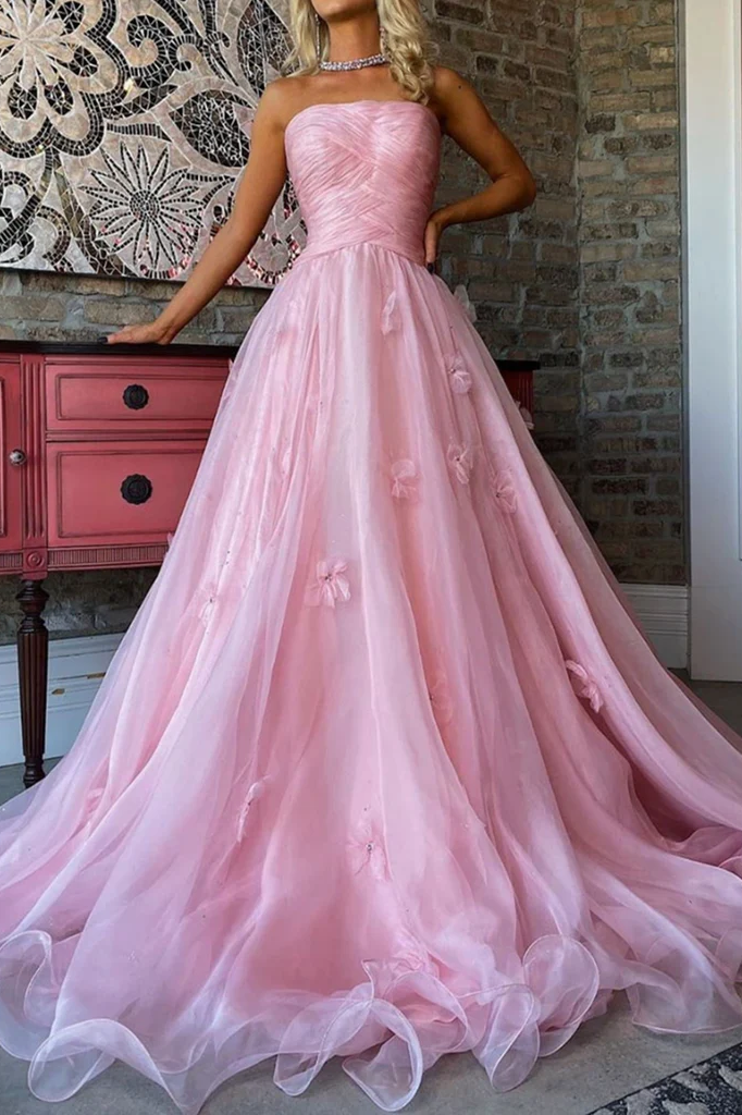 Strapless Pink A-Line Tulle 3D Floral Pleated  Long Formal Prom Dress