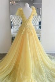 Yellow Deep V-Neck A-Line Appliques Straps Tulle Long Prom Dress