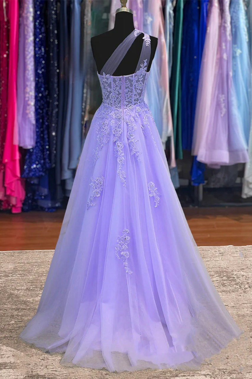 Classy One Shoulder Lavender Appliques A-Line Tulle Prom Dress