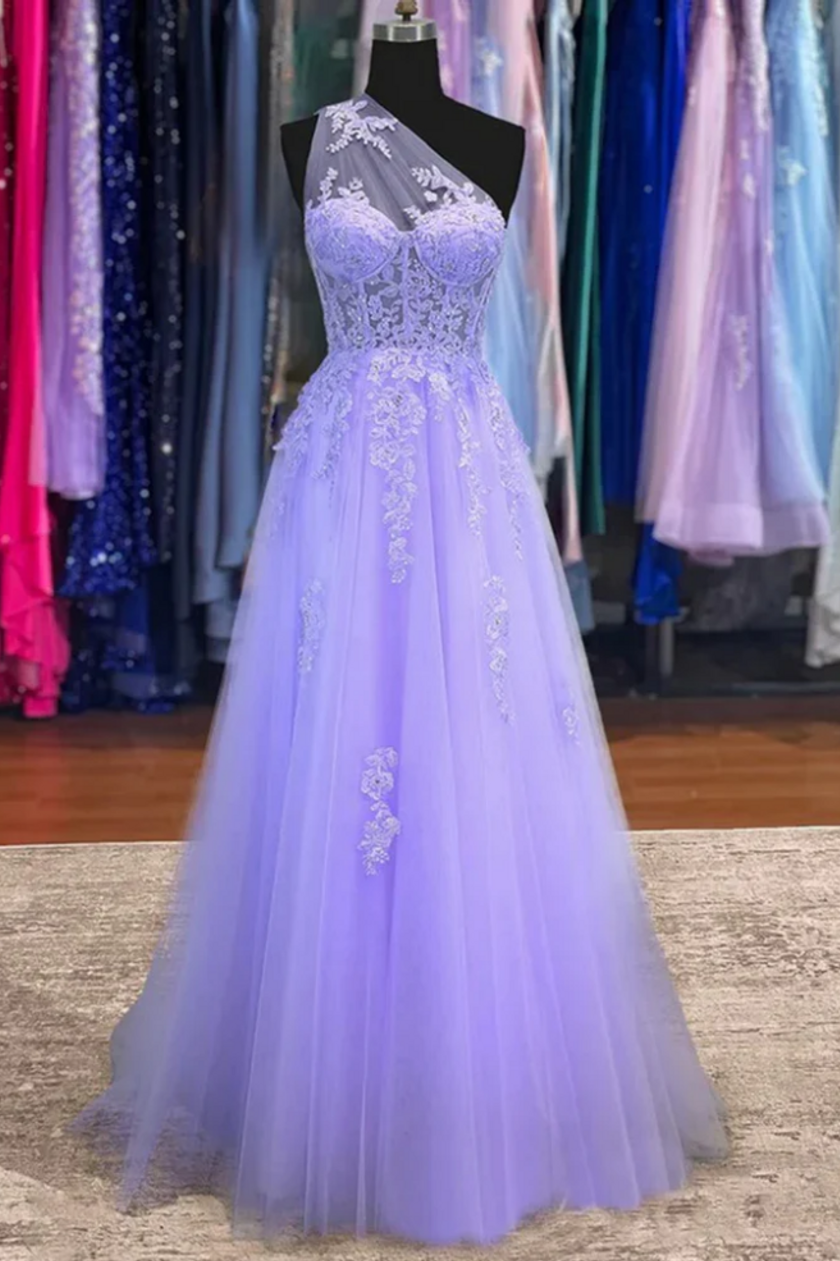 Classy One Shoulder Lavender Appliques A-Line Tulle Prom Dress