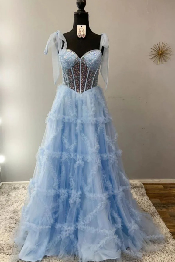 Light Blue A-Line Sweetheart Ruffles Tulle Long Prom Dress with Sequins