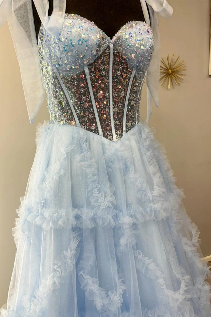 Light Blue A-Line Sweetheart Ruffles Tulle Long Prom Dress with Sequins