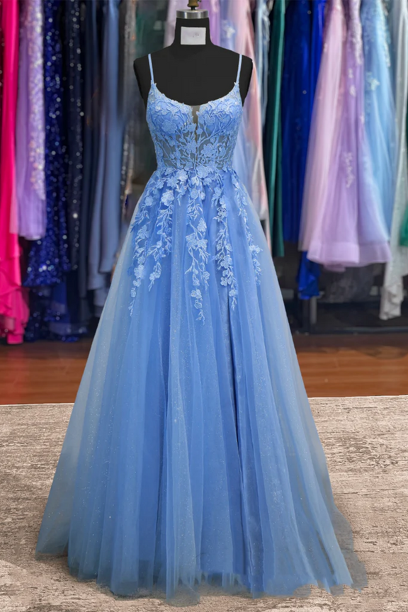 Spaghetti Straps Lace Appliques Empire-Waist Pleated Tulle Prom Dress