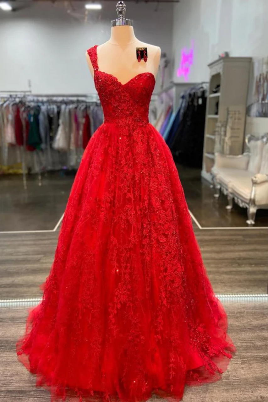 Red One Shoulder A-Line Lace Appliques Empire-Waist Prom Dress