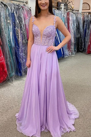 Elegant A-Line Straps V-Neck Pleated Chiffon Long Prom Dress