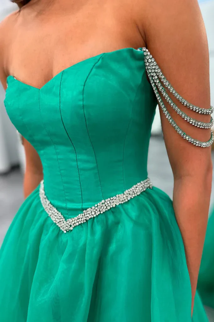 Green Strapless A-Line Beads Pleated Long Formal Prom Dress with Slit