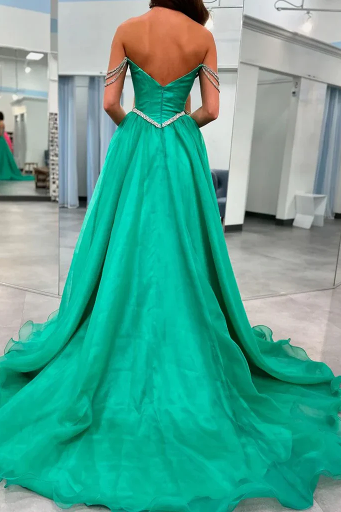 Green Strapless A-Line Beads Pleated Long Formal Prom Dress with Slit