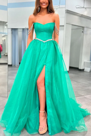 Green Strapless A-Line Beads Pleated Long Formal Prom Dress with Slit