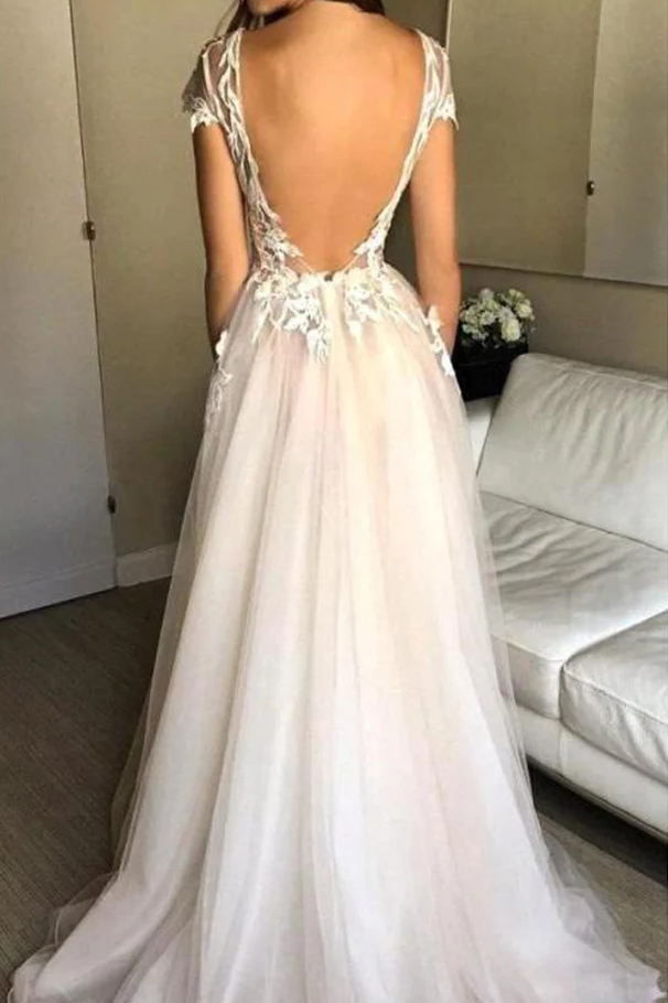 A-Line V-Neck Empire-Waist Appliques Tulle Long Prom Dress with Slit