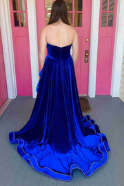 Strapless A-Line V-Neck Velvet Ruched Sleeveless Prom Formal Dress