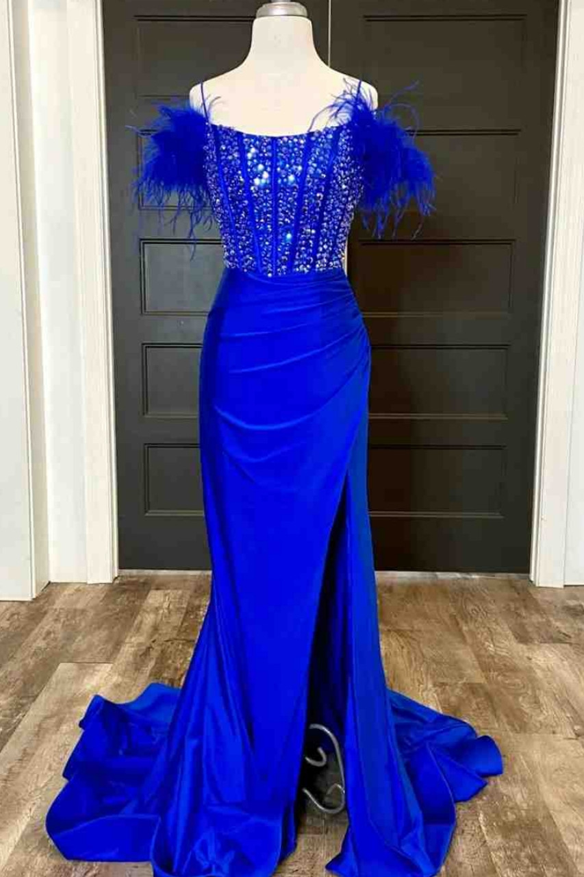 Mermaid Off-Shoulder Beads Pleated Long Prom Formal Dress with Feathers