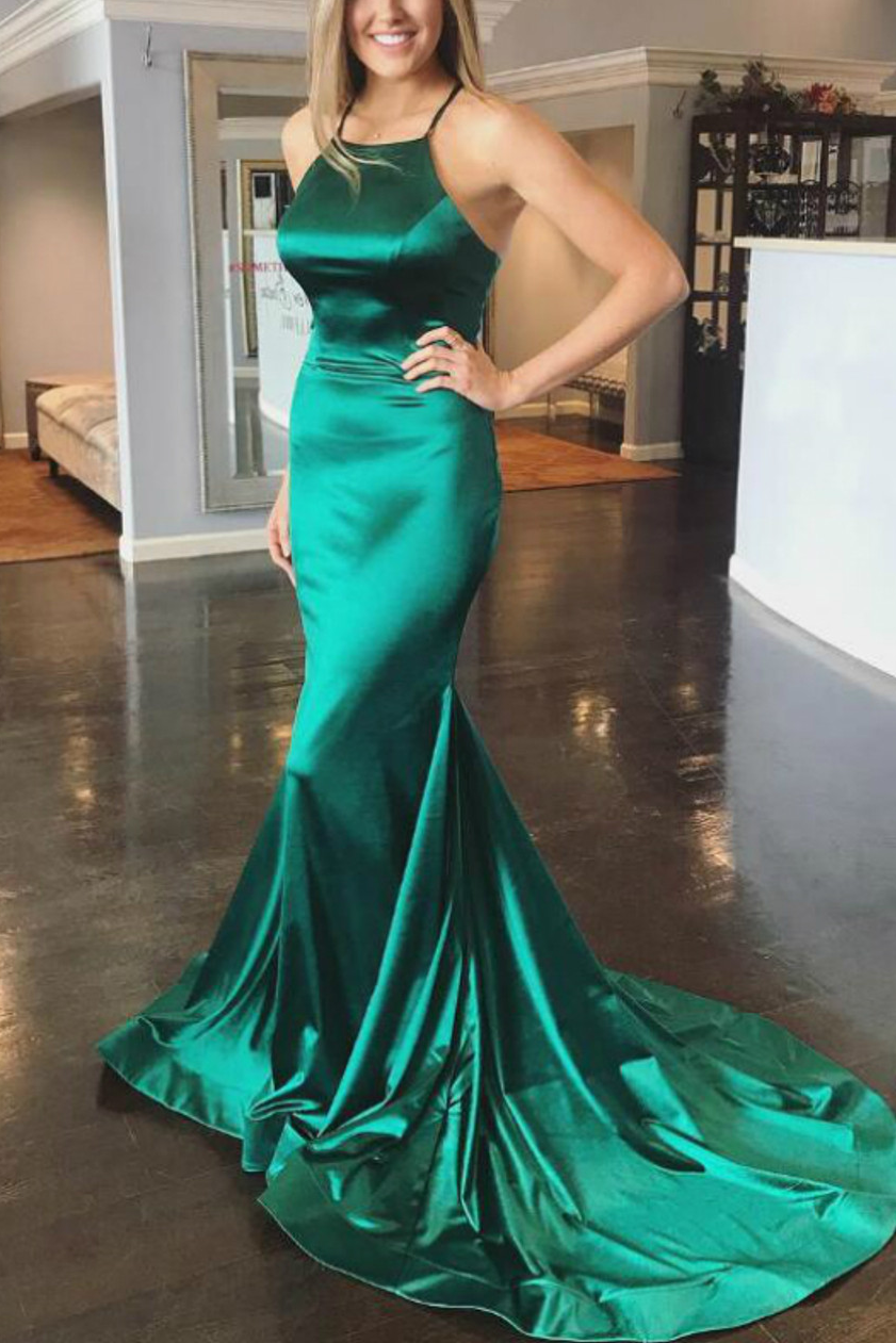 Green Mermaid Spaghetti Straps Satin Long Formal Prom Dress with Train