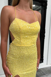 Yellow Spaghetti Straps Mermaid Sequins Beading Long Prom Dress with Slit