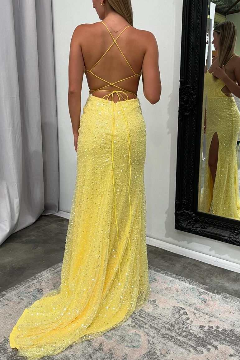 Yellow Spaghetti Straps Mermaid Sequins Beading Long Prom Dress with Slit