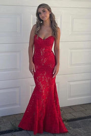 Strapless Red Appliques Mermaid Sleeveless Lace Long Prom Dress