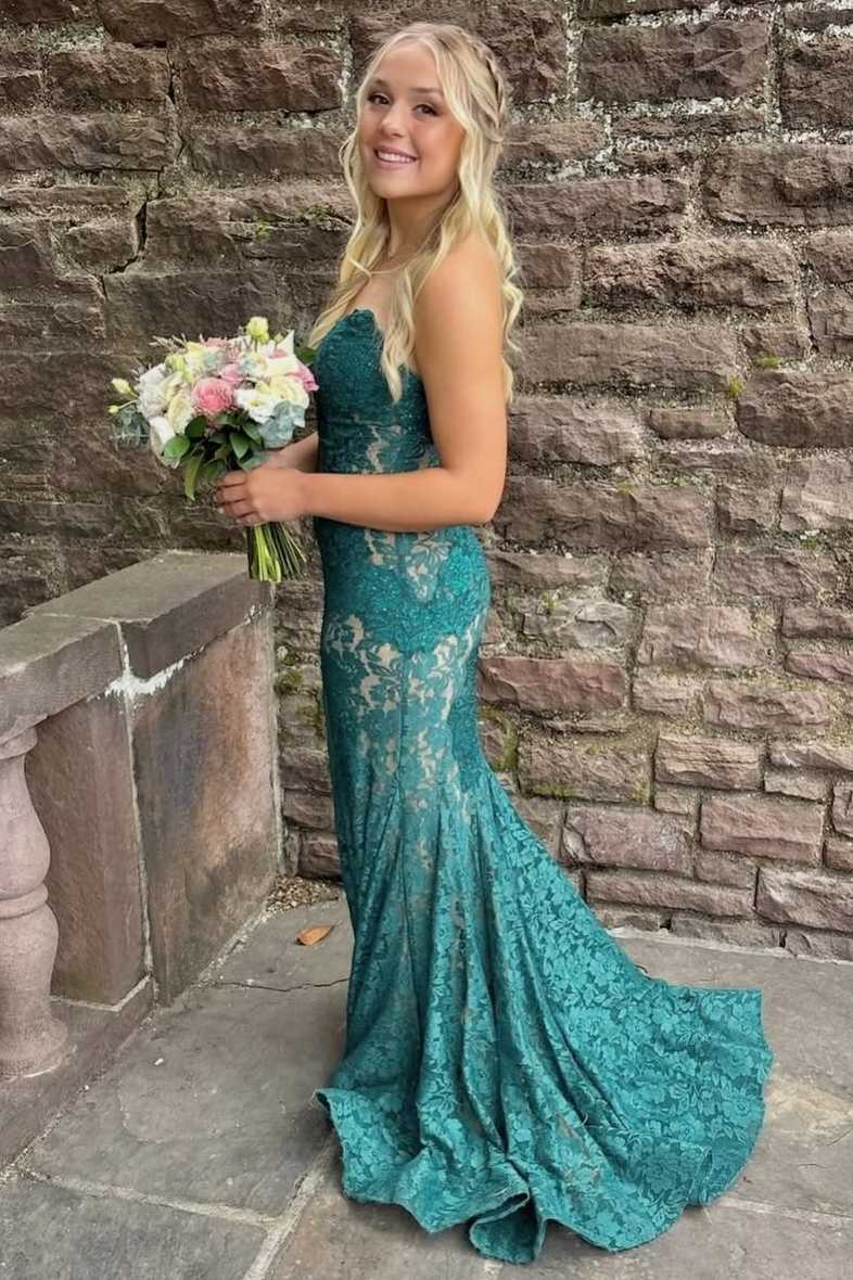 Strapless Red Appliques Mermaid Sleeveless Lace Long Prom Dress