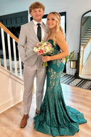 Strapless Red Appliques Mermaid Sleeveless Lace Long Prom Dress