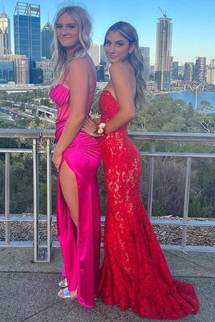 Strapless Red Appliques Mermaid Sleeveless Lace Long Prom Dress