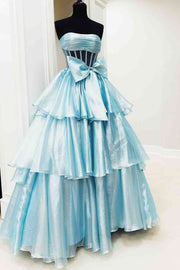 A-Line Strapless Empire-Waist Tiered Sleeveless Long Prom Dress with Bow